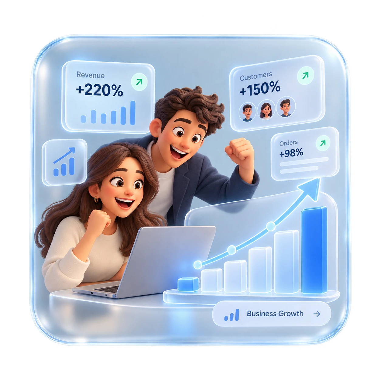 Business team celebrating growth beside a rising chart